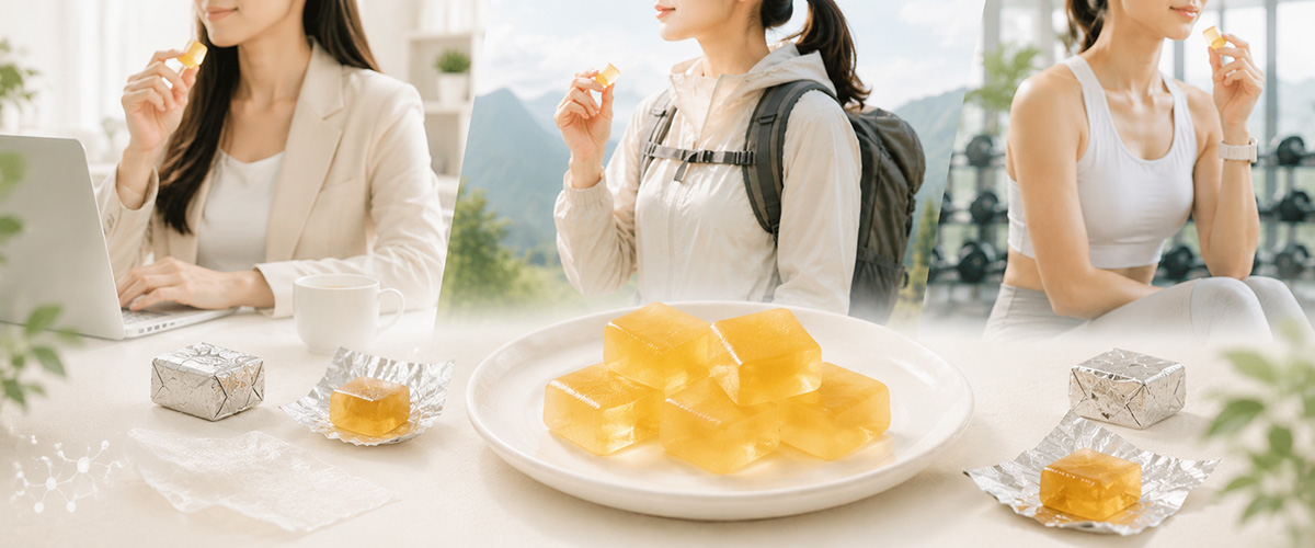 NEM蛋殼膜軟糖 日常靈活保養 亞洲女性在辦公室、登山與健身情境中享用含NEM蛋殼膜的Q彈軟糖,呈現方便融入日常的靈活保養生活。